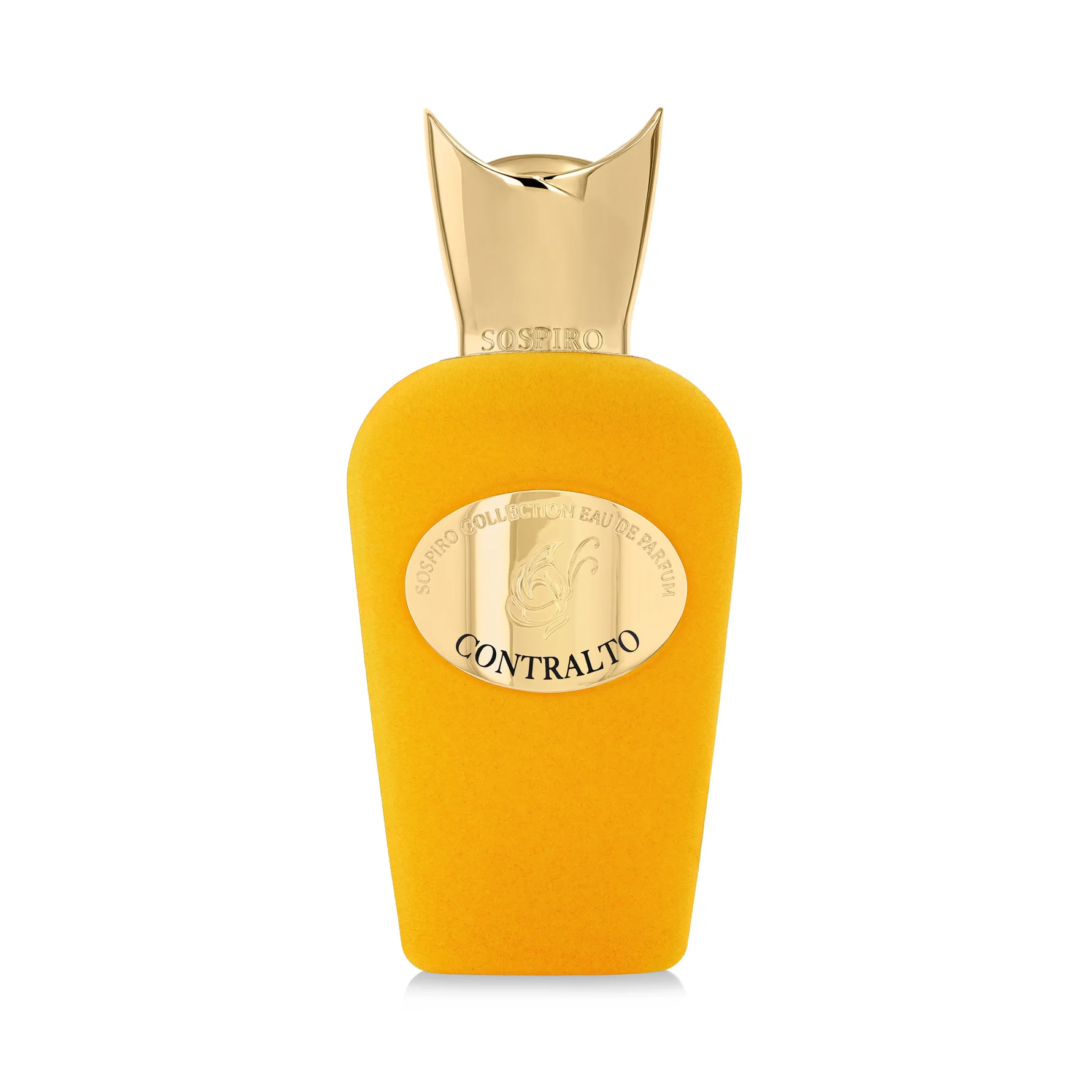 Contralto by Sospiro in an elegant gold-orange velvet fragrance bottle, available exclusively at Niche Story.